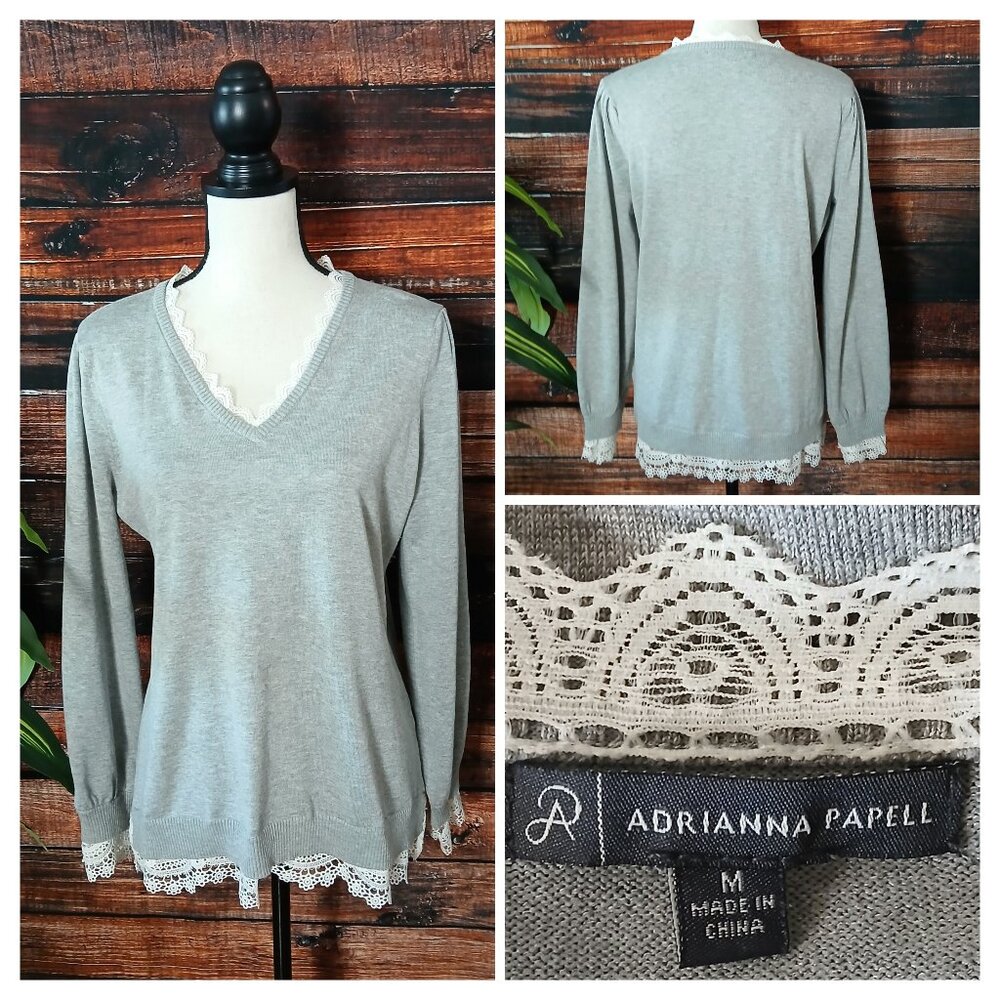 Adrianna Papell Sweater M Lace Trim Feminine V-Neck Gray Viscose